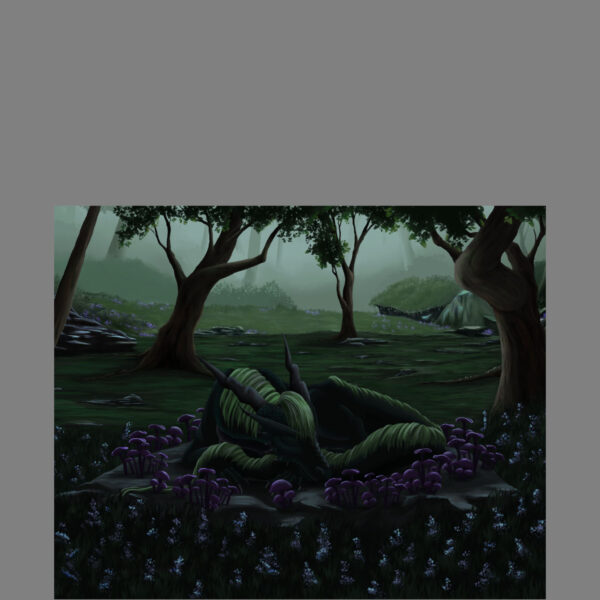 dragon sleeping within mushrooms matte print