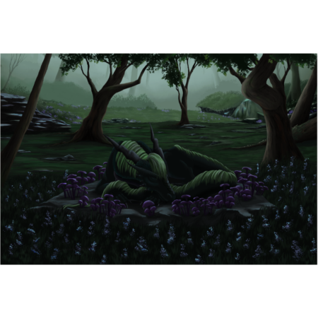 dragon sleeping within mushrooms matte print