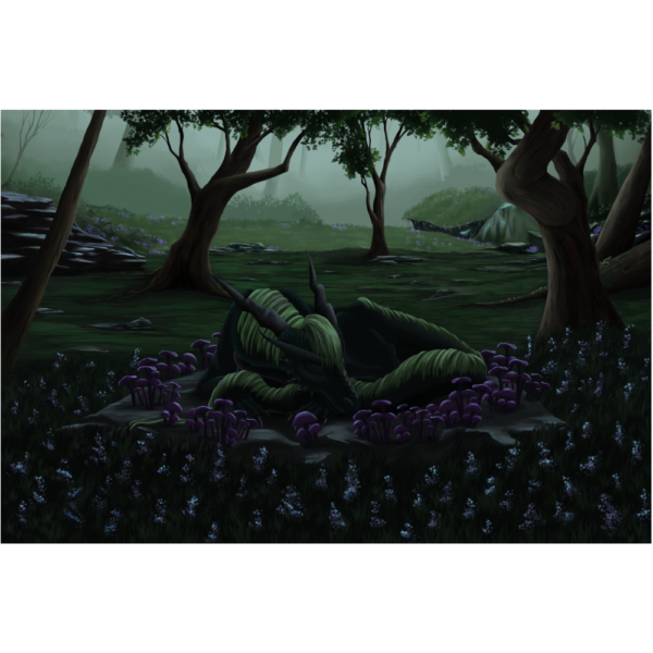 dragon sleeping within mushrooms matte print