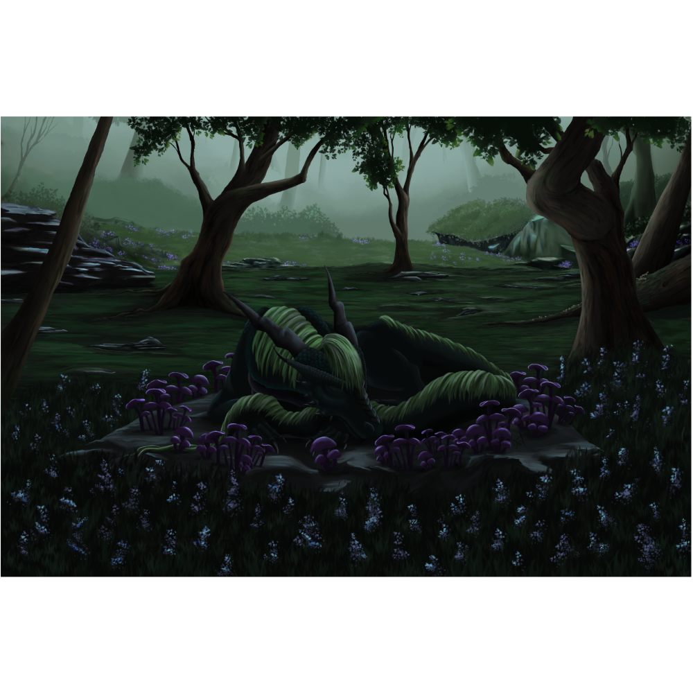 dragon sleeping within mushrooms matte print dragon sleeping within mushrooms matte print